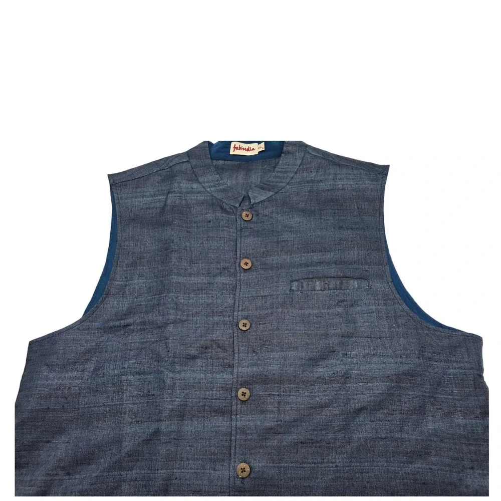 Indo-Casual Nehru Vest Men 2X Blue Silk Mandarin Collar Jacket Worldwide Art